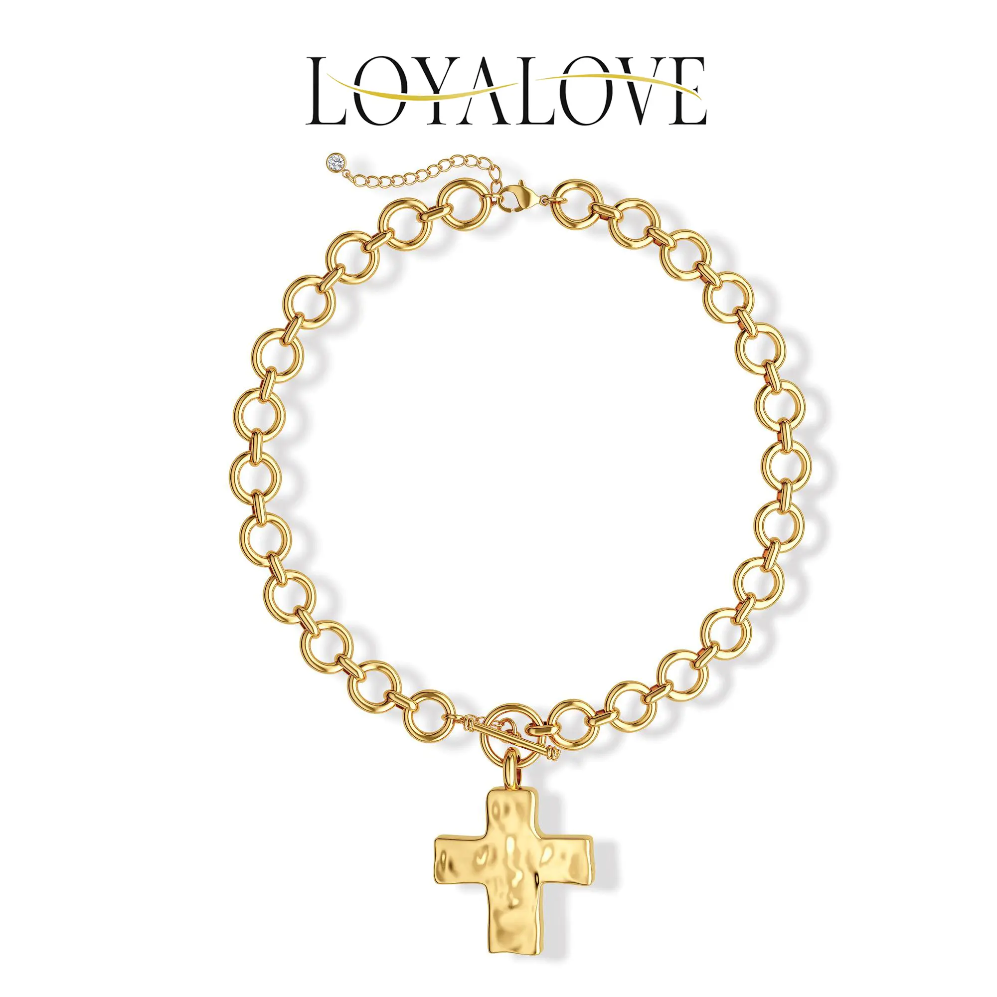 Loyalove 14K Gold Plated Chunky Cross Necklace for Women Statement Cross Pendant Necklace Layered Hammered Bold Cross Necklace Vintage Toggle Clasp Necklace BlackFriday Jewelry