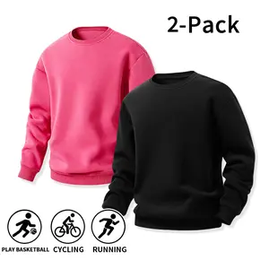 2-Pack Men’s Crew Neck Sweatshirts, Solid Color Long Sleeve Fleece Pullover Tops, Loose Casual Athletic Sweatshirts for Basketball, Cycling, Running, Sports, and Everyday Wear