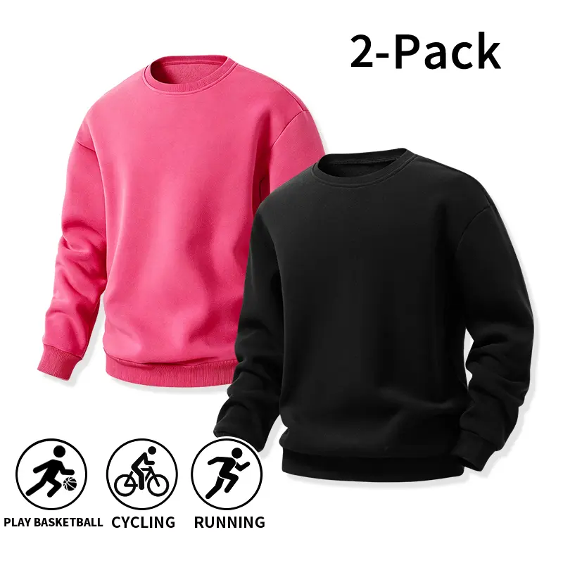 2-Pack Men’s Crew Neck Sweatshirts, Solid Color Long Sleeve Fleece Pullover Tops, Loose Casual Athletic Sweatshirts for Basketball, Cycling, Running, Sports, and Everyday Wear