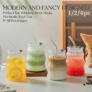 Viral Trending Aesthetic Wave Bubble Textured Glass Cup 1/2/4/6 Pack 18oz, with Lid and Straw Leak Proof Thickened Lead Free BPA Free Reusable Tumbler, Dishwasher Safe for Iced Coffee Tea Whiskey, Home Bar Cart Daily Use Ideal Housewarming Birthday Gift