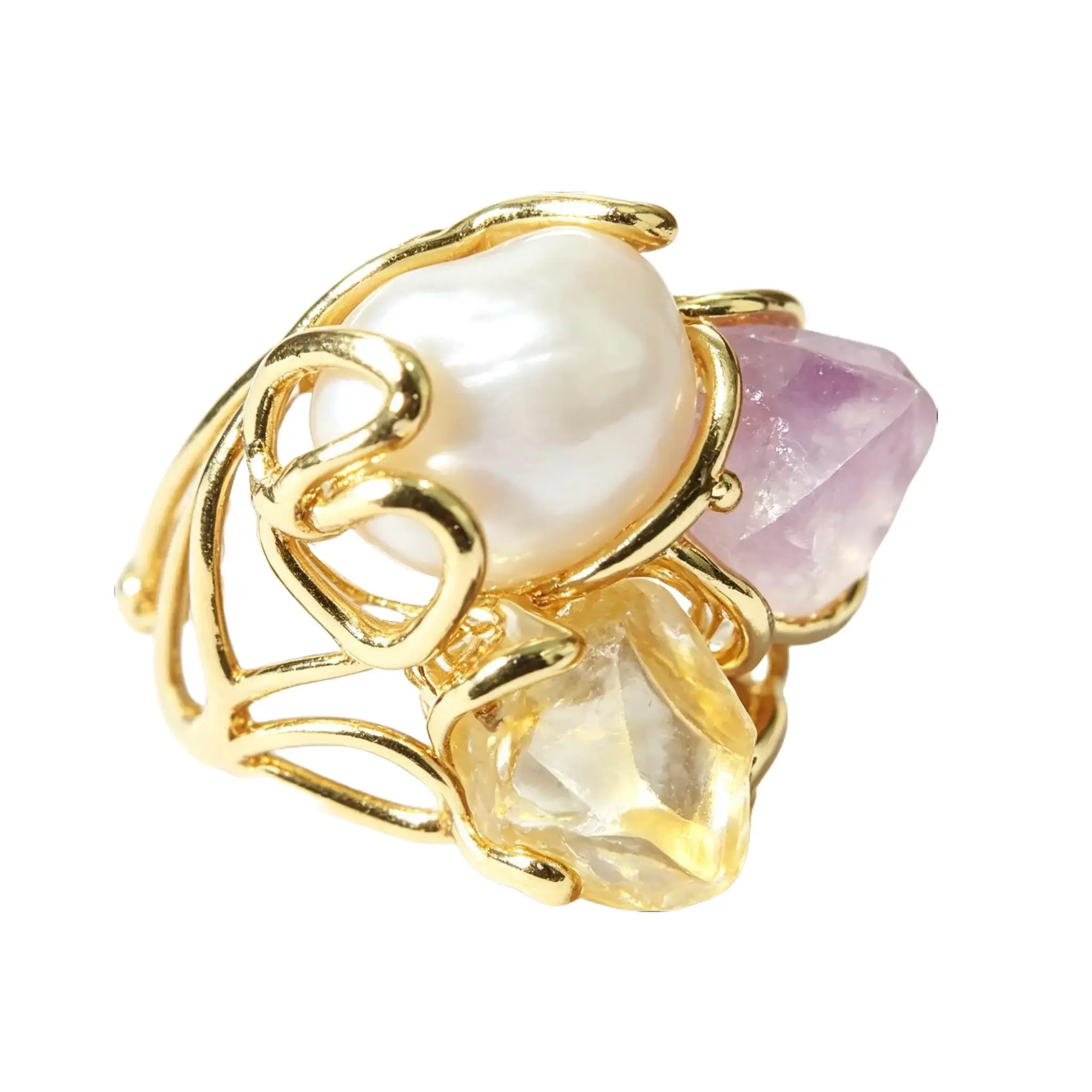 [JACUPO] Women's 3-Pair Unique Boho Aesthetic Open Band Rings - Gold-Plated Adjustable Natural Crystals Jewelry with Amethyst, Citrine, Aquamarine, Turquoise, Tiger Eye, Baroque Pearl Healing Crystal Set, Unique Rings, Set Of Three