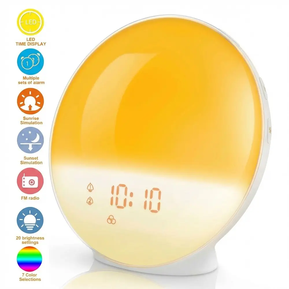 Smart Sunrise Led Alarm Clock, Multifunctional Alarm Clock, Sunrise Alarm Clocks, Wake-up Light with FM Radio, White Noise Machine, Color Changing Night Light, Brightness Adjustable, Natural Sounds, Snooze, Sleep Aid, Table Lamp Home Decor
