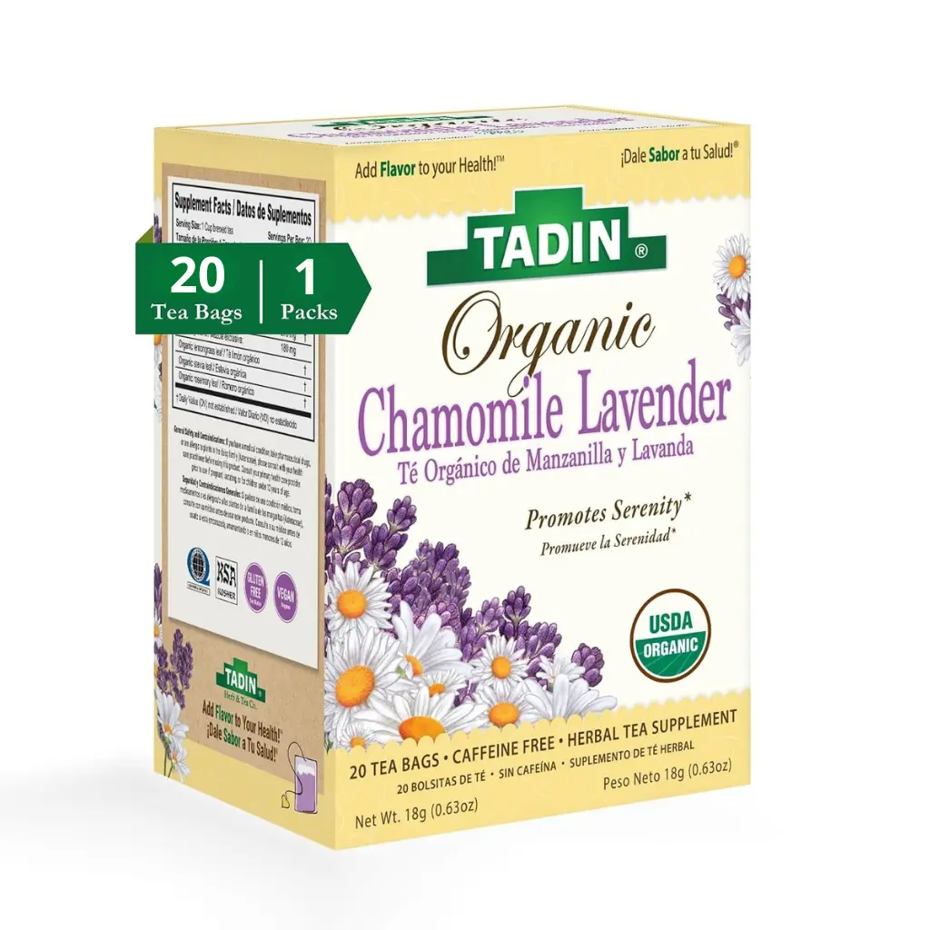 Tadin Organic Chamomile Lavender Tea, Caffeine Free Herbal Tea to Promote Serenity, 20 Tea Bags Per Box