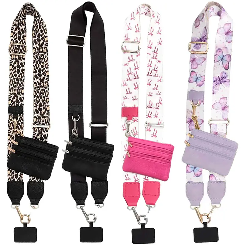 Black Clip-and-Go Smartphone Crossbody Strap with Wallet, Adjustable Cellphone Accessory, Zipper Pouch, Phone Chain Crossbody, Pink Butterfly Lanyard with Small Bag, Valentine's Day Gift, Accessories