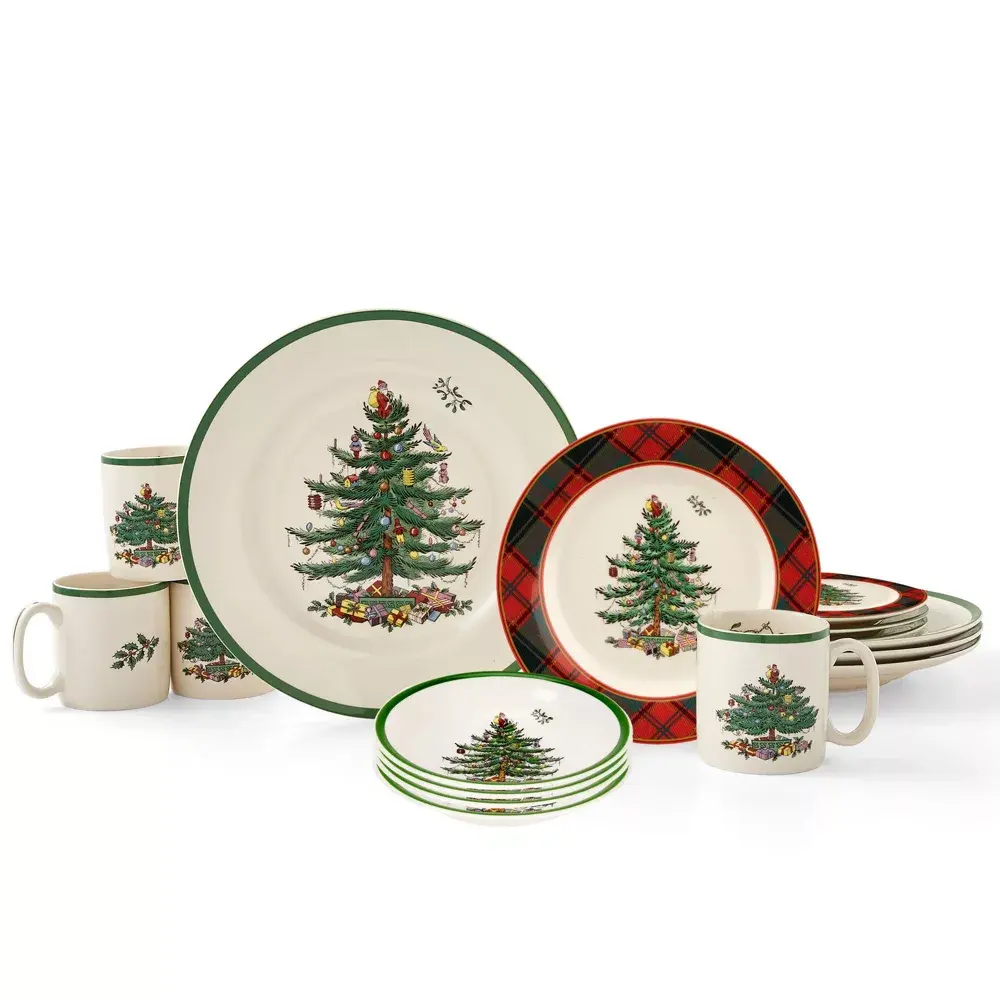Spode Christmas Tree Plaid Tableware Set - Round Porcelain 16-Piece Boxed Packaging Dinner Set, 10" Dinner Plates, 7.25" Salad Plates, 16 oz Cereal Bowls, 9 oz Mugs, Festive Look for Housewarming