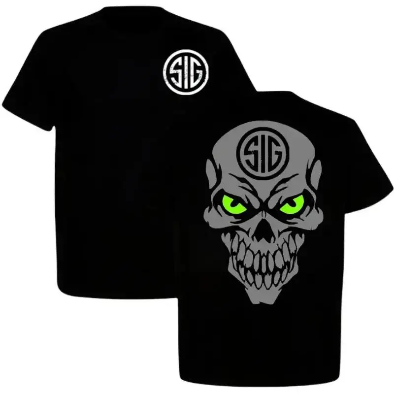 Unisex Sig Sauer Skull Green Eyes Graphic Short-Sleeve Round Neck Casual Menswear Tactical Sports Top, Made in USA, Standard Sizes, Gift For Him, Shortsleeve
