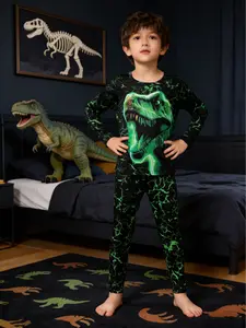 Boys' Dinosaur Print Sleepwear Set, Casual Fitted Pajamas for All Seasons, Comfortable Long Sleeve Round Neck, Dinosaur Pattern, Kids Pajamas, Fun Pajamas, Casual Comfy Pajama
