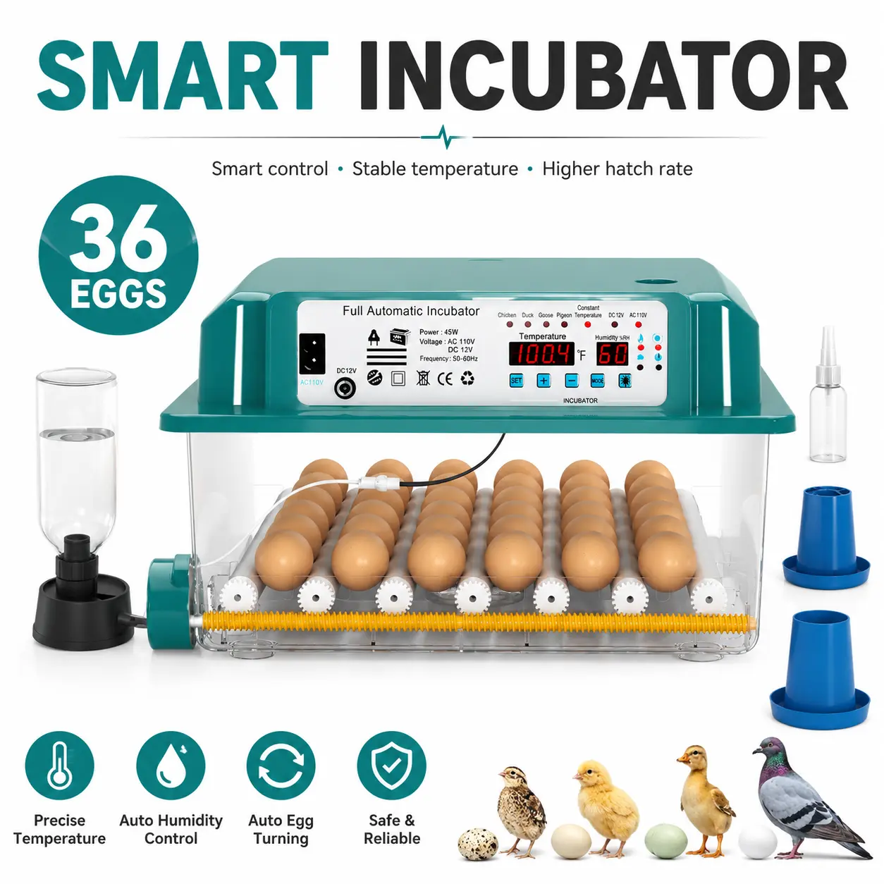 2026 Upgraded Professional 36-Egg Automatic Incubator for Chicken, Adjustable Egg Turning, Precision Motor & Intelligent Climate-Humidity Control Smart Poultry Hatcher