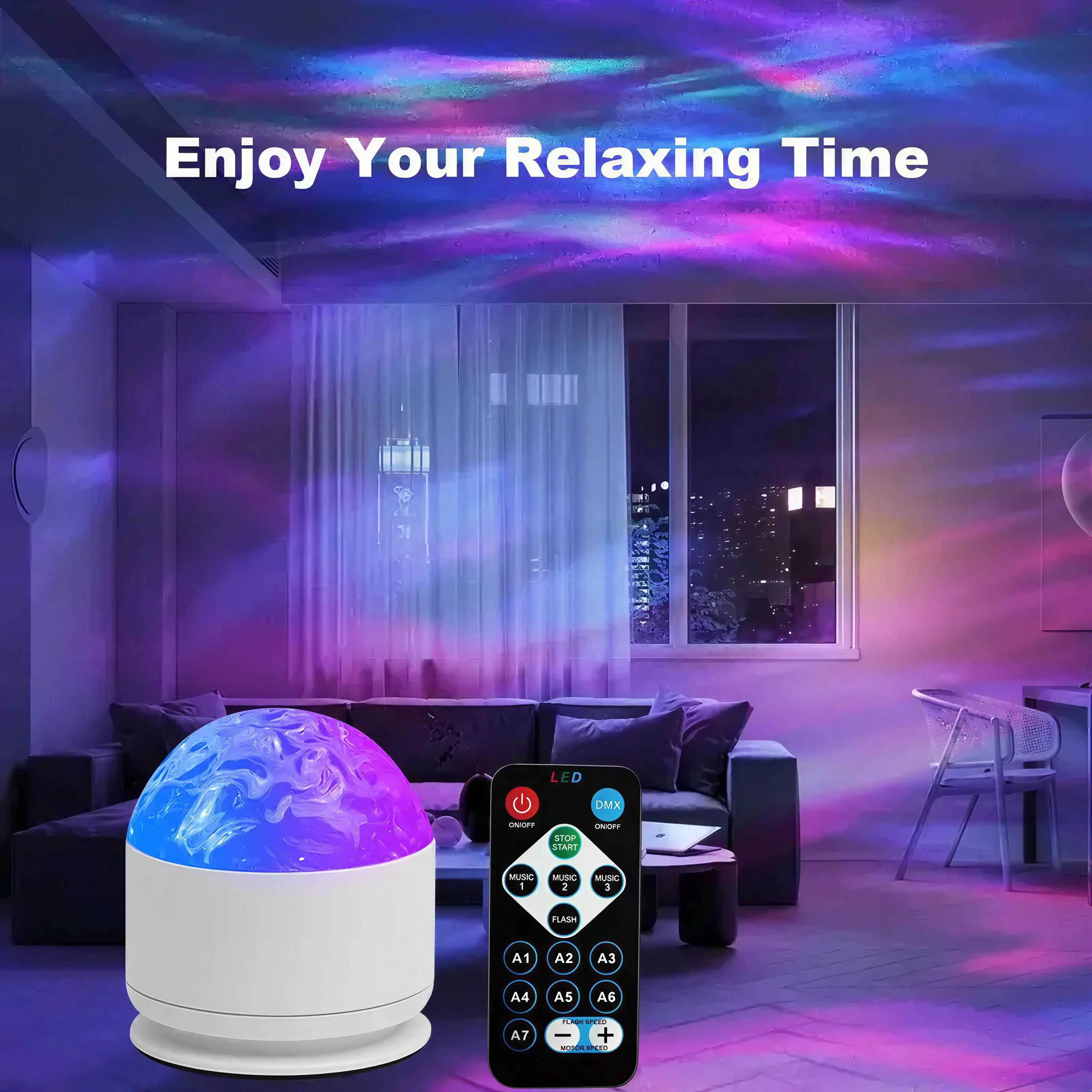 2-in-1 7-Color Star Projector Night Light with Music Sync, Ocean Wave & 3D Water Ripple Effects, Romantic Bedroom & Party Atmosphere Lamp, Perfect Gift for Kids & Couples