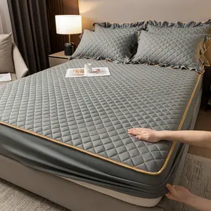 3pcs Pure Color Quilted Bed Sheet Set, Includes 1 Bed Sheet, 2 Pillowcases, Soft Comfortable Mattress Protector, All Seasons Use, Fitted Sheets