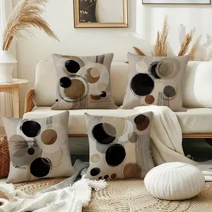 2D Flat - Set of 4 Modern Abstract Pattern Pillow Covers Featuring Geometric Circular Line Elements, Available in Three Sizes with Zipper Closure And 2D Single-Sided Printing, Suitable for Various Settings Like Porches, Patios, Sofas