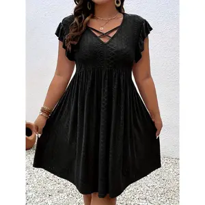 Plus Size Jacquard Cross Front Dress - Casual Eyelet Ruffle Sleeve - For Women - Suitable for Weddings, Graduations, Engagements & Parties - Perfect Gift for Women
