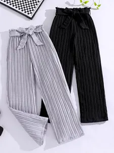 Girl's Solid Textured Belted Wide Leg Pants, Classic Solid Pants, Casual Fashion Comfy Frill Trim Trousers for Fall & Winter, Kids Bottoms for Daily Wear, Breathable Pants