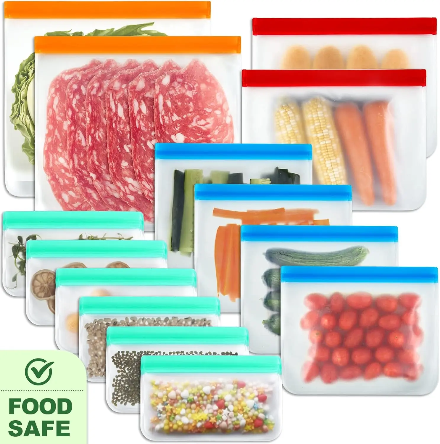 Reusable Food Storage Silicone Bags 14 Pack 2 Large 2 Gallon 4 Zip Lock 6 Snack Containers Eco-friendly Fridge Freezer Safe Kitchen Utensils