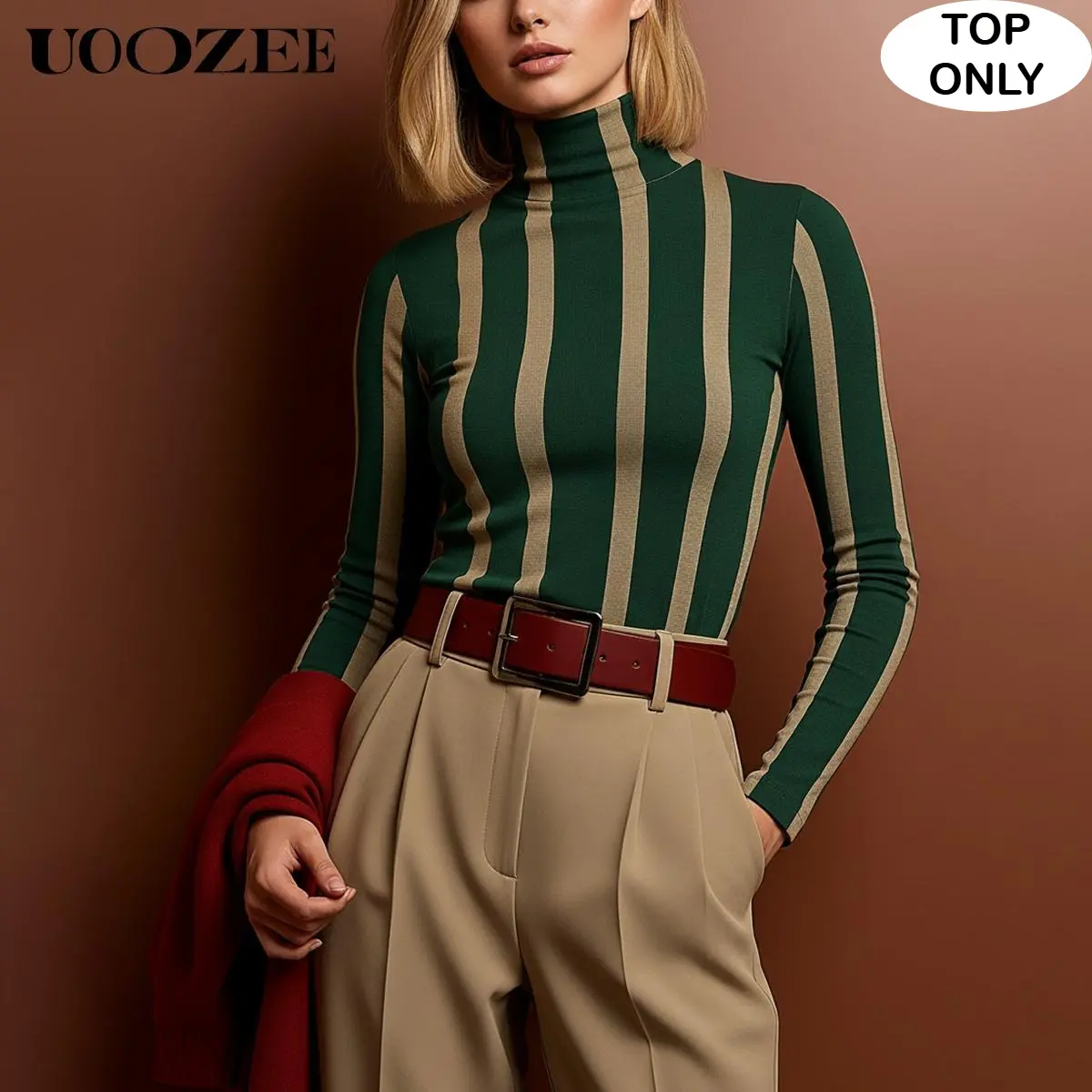 UOOZEE Women's Chic Slim-Fit Long Sleeve Turtleneck Top - Polyester-Spandex Ribbed Striped Knitwear, Stretchy Lightweight, Spring-Autumn Office Layering Blouse (Pairs with Blazer/Cropped Coat; Sizing Runs Small - Check Size Guide or Order Larger), Office,