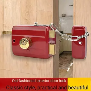 1pc Traditional Heavy-Duty Red Metal Door Lock Set with Polished Finish, Dual-Tongue Exterior Lock for Wooden Doors, Enhanced Home Security with Key, Classic Design