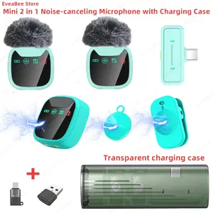 Purple Plug Lavalier Microphone Wireless Portable With Charging Case USB LED Display Noise Cancellation For Smartphone Interview Podcast Vlog