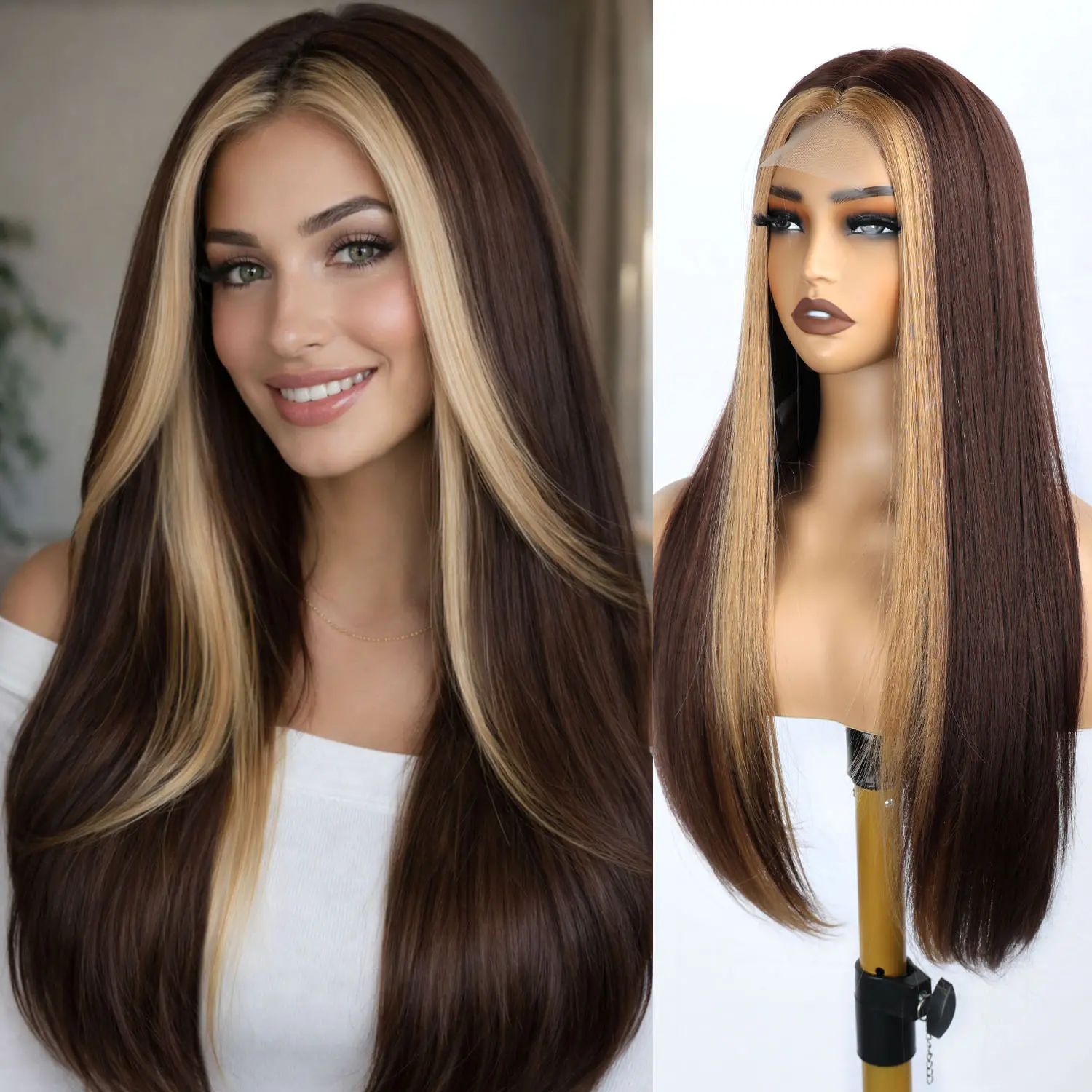 28-in Synthetic Full Machine Wig, Long Highlighted Style with Front Lace Detailing, Honey Gold Highlighted Bangs, Suitable for Everyday Wear, Cosplay, Parties