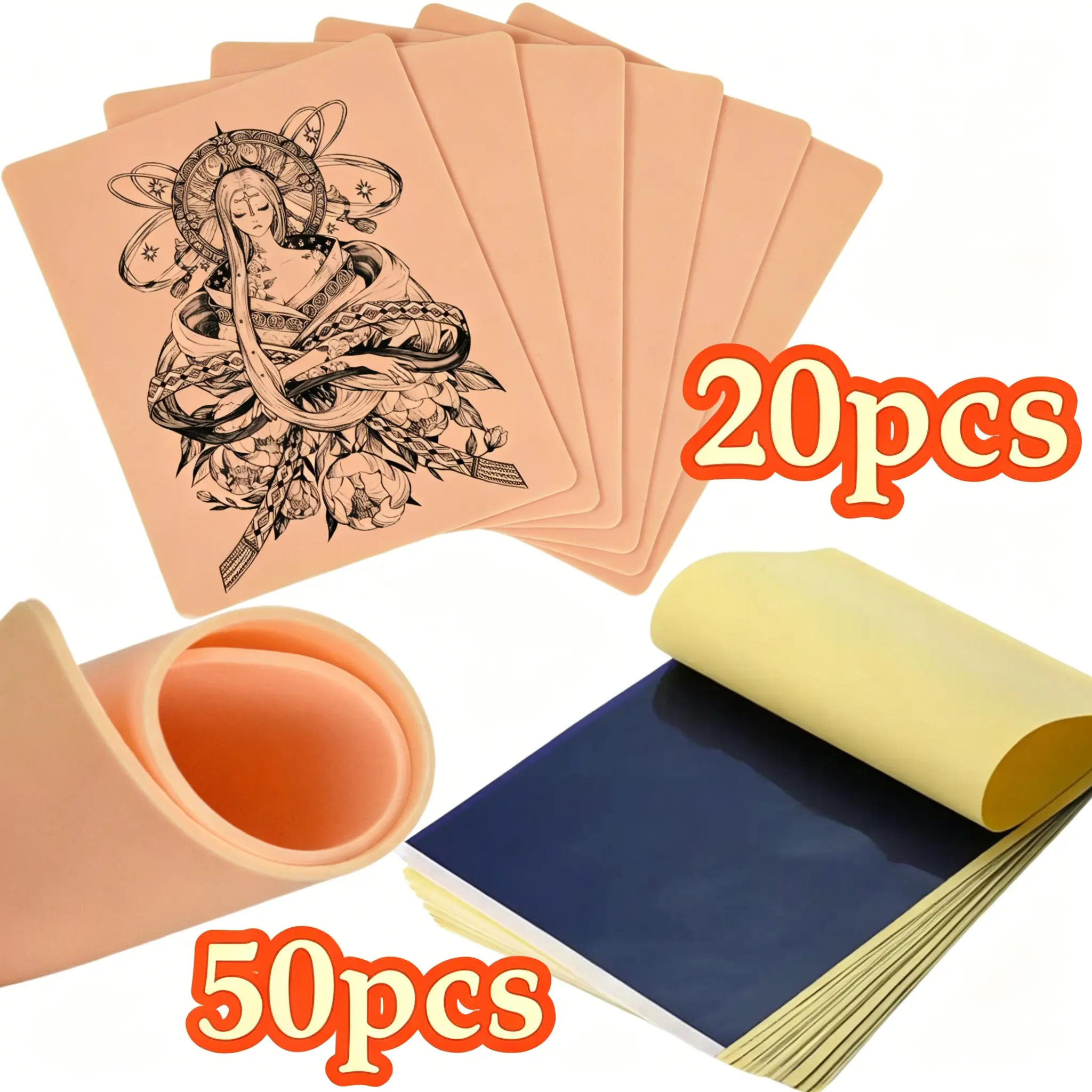 Youth Basic Normal Tattoo Practice Skin & Carbon Transfer Paper Kit - Realistic Silicone Skin, Transfer Machine, Storage/Cleaning Tools, Heat Templates, 2 Size Options (20+50/10+25 Sheets) for Tattoo Artists with Result Preview, Heat Transfer, Preview Of
