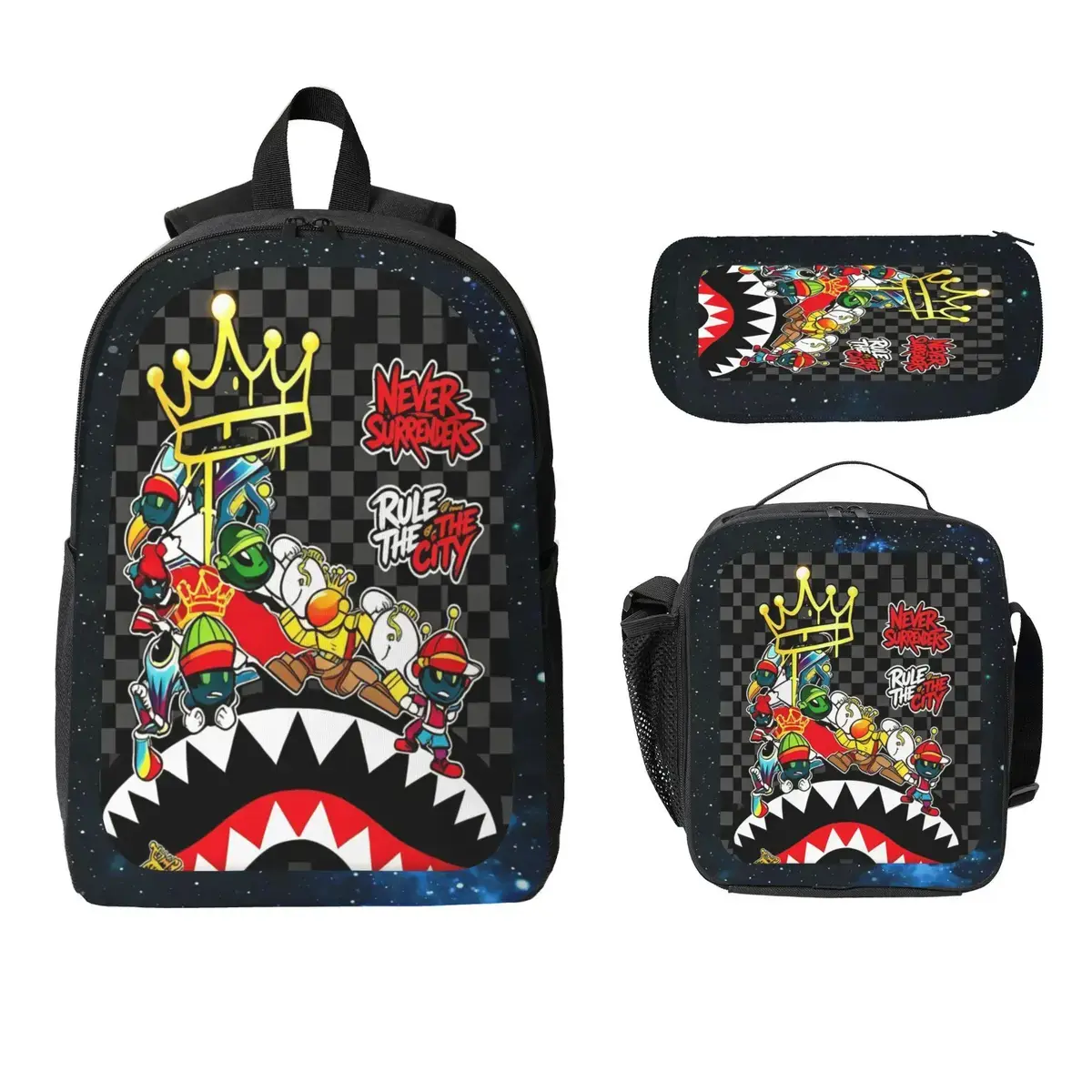 Never Surrender Backpack Set 3PCS, Urban Graffiti School Backpack with Lunch Bag & Pencil Case, Large Capacity Bookbag for Boys Teens, Lightweight Student Bag, Back to School Gift