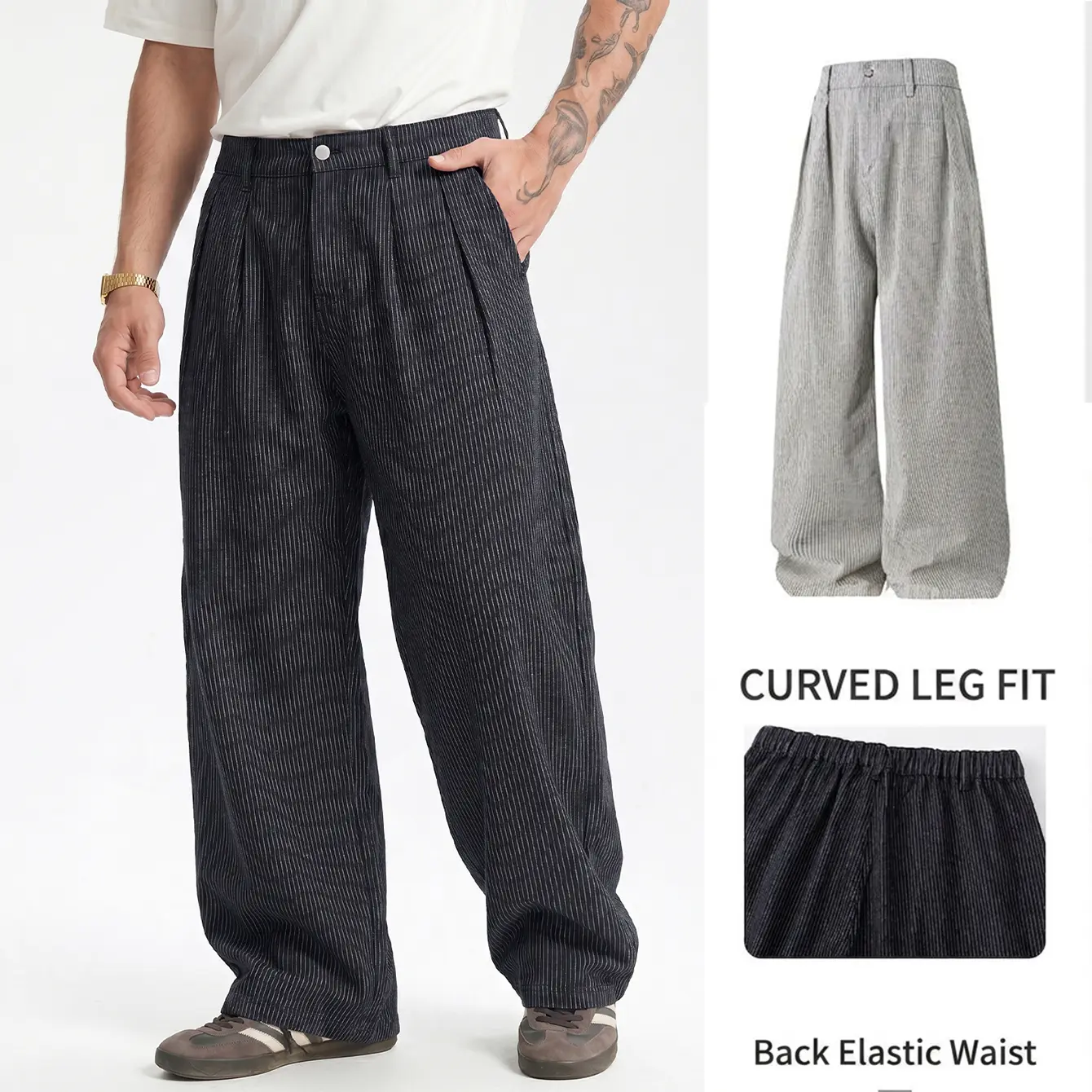 Men's Pinstripe Denim-Blend Wide Leg Pants - Loose Fit, Curved Legs, Pleated Front Detail, Half Elastic Waist, Full Length, Oversized, Standard Sizes, Casual Menswear Top