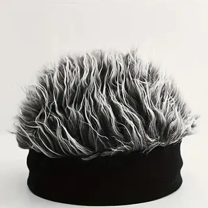 Men'S Funky Faux Fur Knit Beanie Hat - Hip-Hop Style, Straight Hair, No Brim, Perfect for Parties & Cosplay, Black & White Design, Party Accessory |   Funky Beanie |   Faux Fur Hat, Knit Beanie Hat