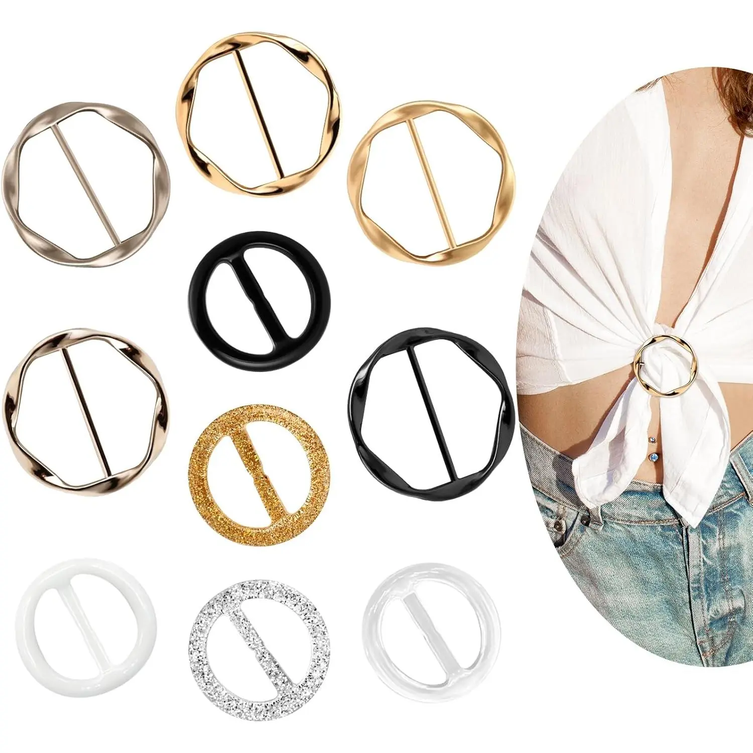 10 count Scarf Ring and Slides for Scarves T Shirt Tie Clips for Women shirt clips for women clothing Shirt  Cincher Clips Tightener for Loose Tshirt Clothes Scarf Buckle