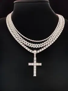 Rhinestone Decorated Cross Pendant & Cuban Chain & Chunky Chain Necklace & Tennis Chain, cross necklaces, Fashion Jewelry for Party, Daily Clothing Decor, Trendy All-match & Exquisite Jewelry for Gift, Cuban Link Chain