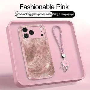 Luxury Pink Glitter Leopard Smartphone Casing, Rose Gold Swirl Aesthetic Glass Cover with Lanyard for iPhone 17 Pro Max - 975, Cellphone Handheld Accessories