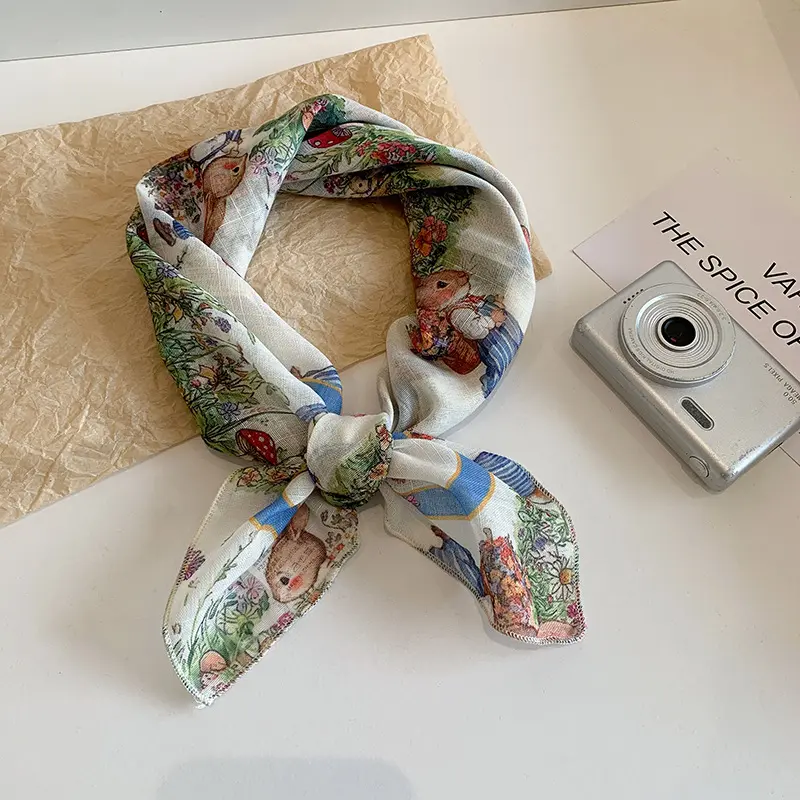 Square Scarf with Artistic Hand-Painted Pastoral Rabbit Print, Lightweight Unisex Neckerchief for Neck, Hair, and Bag Accessory, Lightweight Material, Pastoral Print, Tied Around The Neck, Lightweight Fabric, Small Square