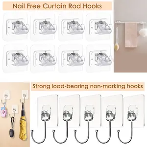 No Drill Curtain Rod Brackets No Drilling Self Adhesive Curtain Rod Holder Hooks Nail Free Adjustable Curtain Rod Hooks with Wall Hooks Set, Curtain Hangers for Bathroom Kitchen Home Bathroom and Hotel