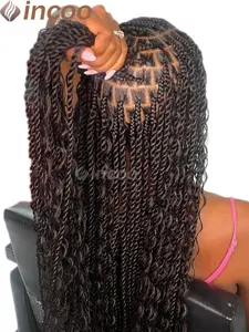 32 Inch Black Box Braided Wig with Curly Textured Hair, Distressed Knotless Braided Lace Frontal Wigs, Glueless Lace Wig for Party, Daily Use, Handmade Braid Wigs, Synthetic Braided Wig