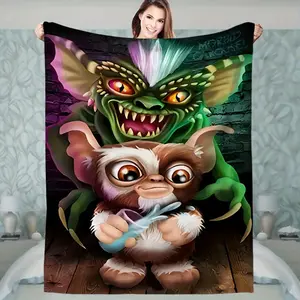 Contemporary Reversible Flannel Throw Blanket with Digital Print, Soft Warm Alien and Gremlin Design for Sofa, Office Bed, Camping, Travel Nap - All-Season, Knitted, Polyester - Great Halloween Gift