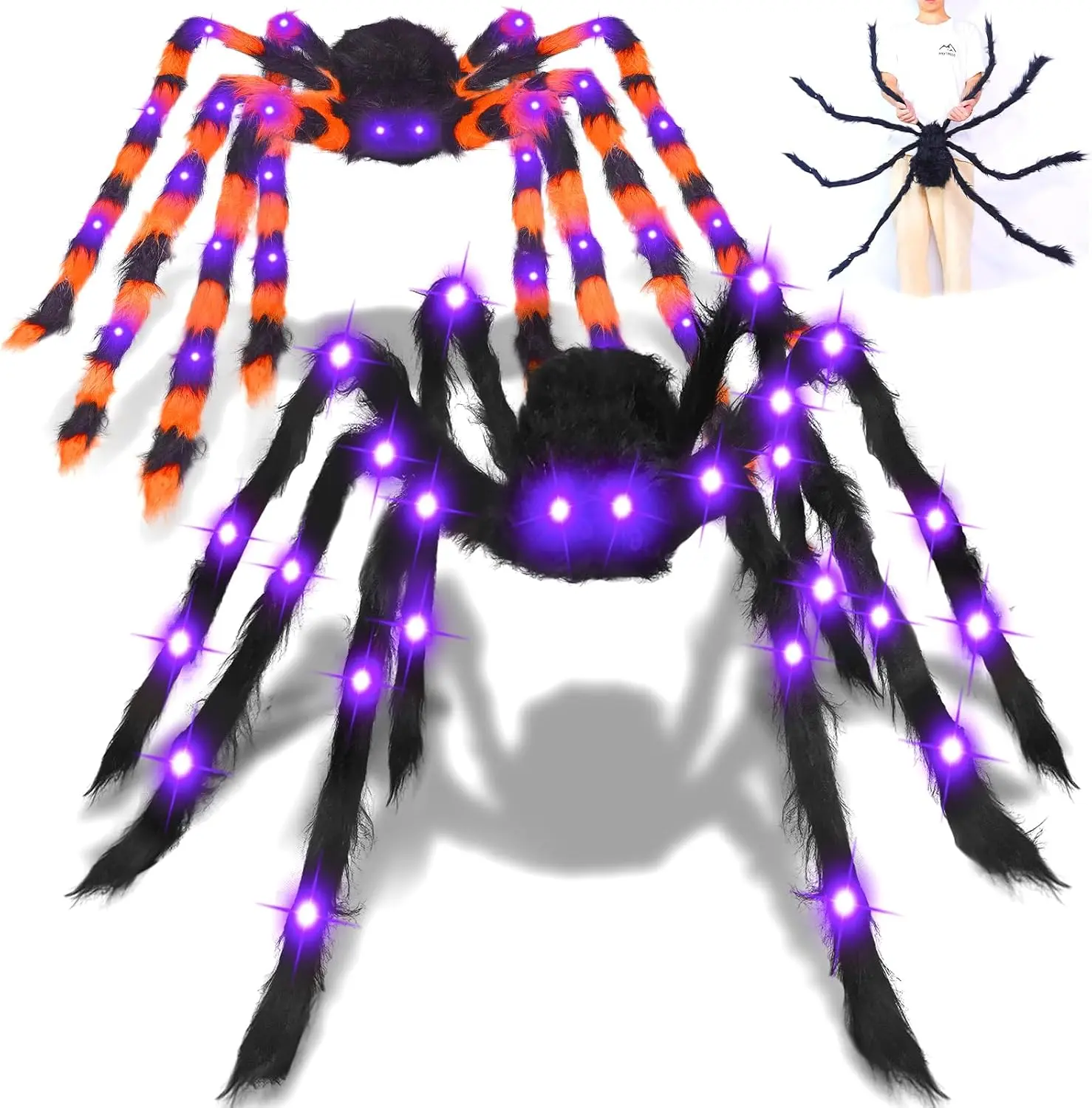 2-Pack 5 Ft Giant Light-Up Spider Halloween Decor Set | 52 Purple LEDs, Black & Dual-Color Fake Spider, Indoor/Outdoor Haunted House Prop, Party Decor, Indoor Halloween Decorations