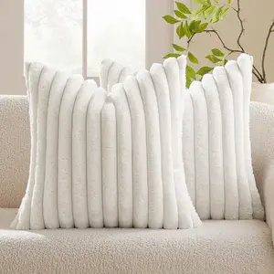 Faux Fur Plush Decorative Throw Pillow Covers t of 2 Luxury Soft Fluffy Striped Cute Pillowcas Cushion for Spring Sofa Couch Bed Living Room White 18x18 Inch