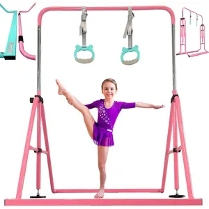 PreGymnastic Updated Folding Gymnastics Bar with Rings, Foldable Kip Bar with Sturdier Base, Gymnasitc Training Bar for Kids Ages 3-10, Gymnastic Horizontal Bars, Home Gym Equipment for Boys Girls