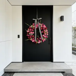 and Tulip Flower Wreath with Striped Bow, Artificial Spring Floral Wreath, Farmhouse Style Front Door Decor, Artificial Flowers