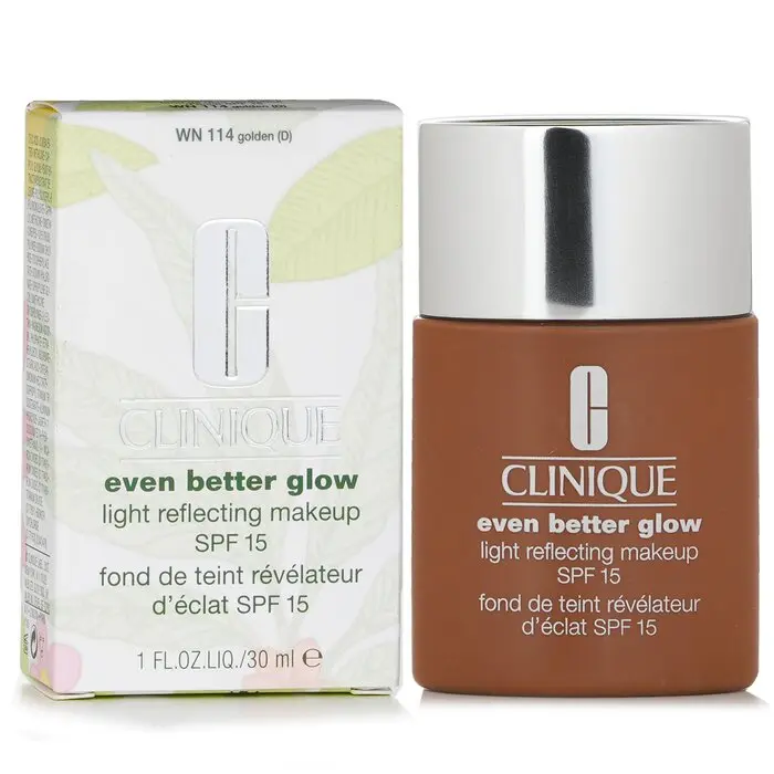 Clinique Even Better Glow Light Reflecting Foundation Cosmetic, SPF 15 - #WN114 Golden, 30ml/1oz Radiance Flawless Glow Skin Tint Concealer & Foundation, Moisturize, Liquid Glow Concealer & Foundation