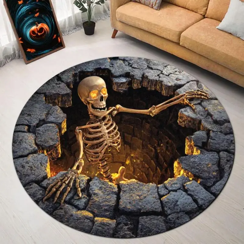 [PAUSEBOLL] Printedfaudskeletonroundrug, Halloween Scary Skeleton Carpet, Spooky Illusion Floor Mat for Haunted House Party Decoration