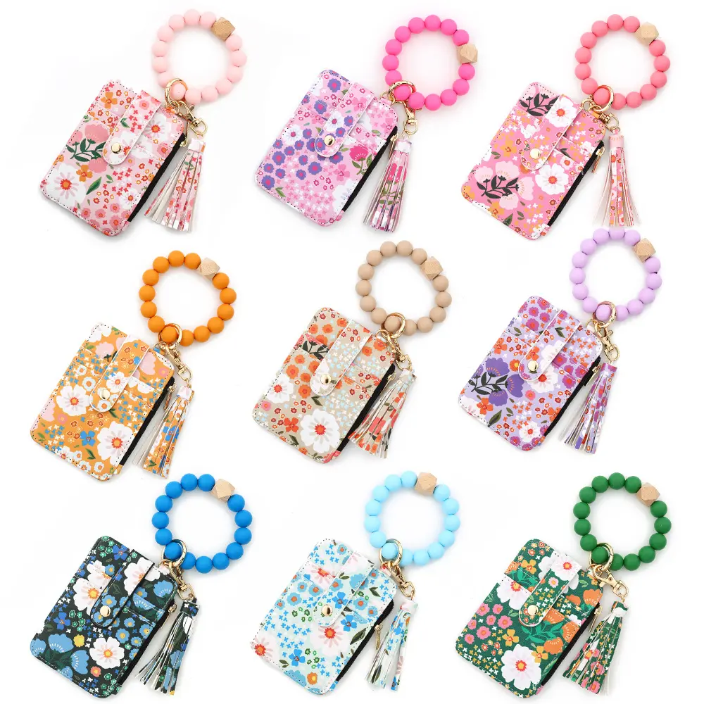 Women's Boho Beaded Wristlet Keychain - Wallet Chain with Card Holder, Silicone Bead Key Ring, Tassel Charm, Purse Accessory for Daily Use Gift, Purse Women, Beaded Accents