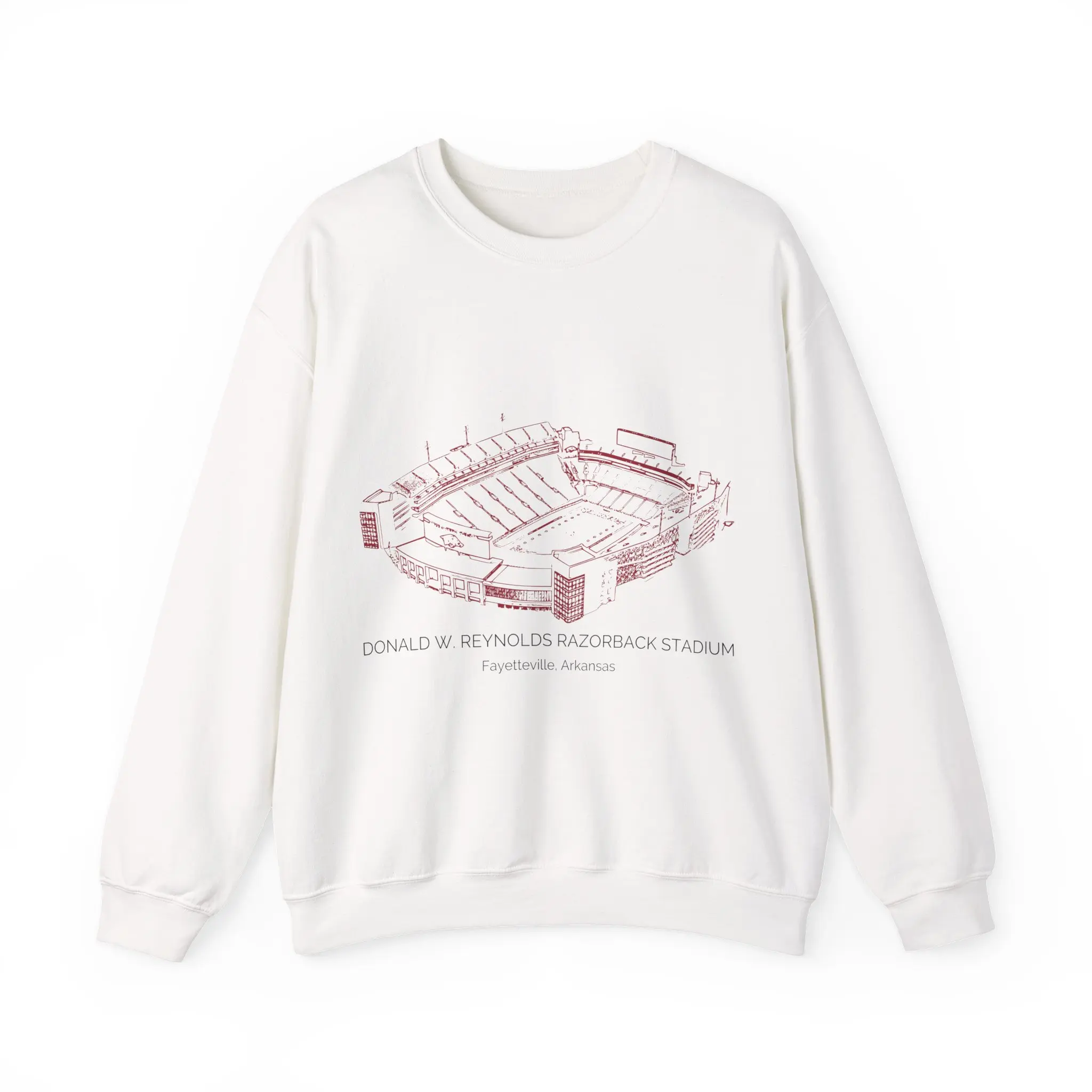 Fayetteville AR - Stadium Crewneck Sweatshirt Donald W Reynolds Razorback Stadium Classic Fit Unisex Heavy Blend Soft Cotton Knit Ribbed Collar Elastic Fabric Gift for Sports Fans College Apparel