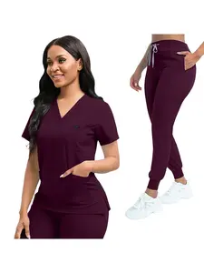 Comfortable Leisure Care Center Daily Practical Work Clothes Set Solid Color Breathable Fitted Nursing Scrubs Women Uniforms Elasticity Pet Clinic Nurse Workwear Doctor Thin Uniform