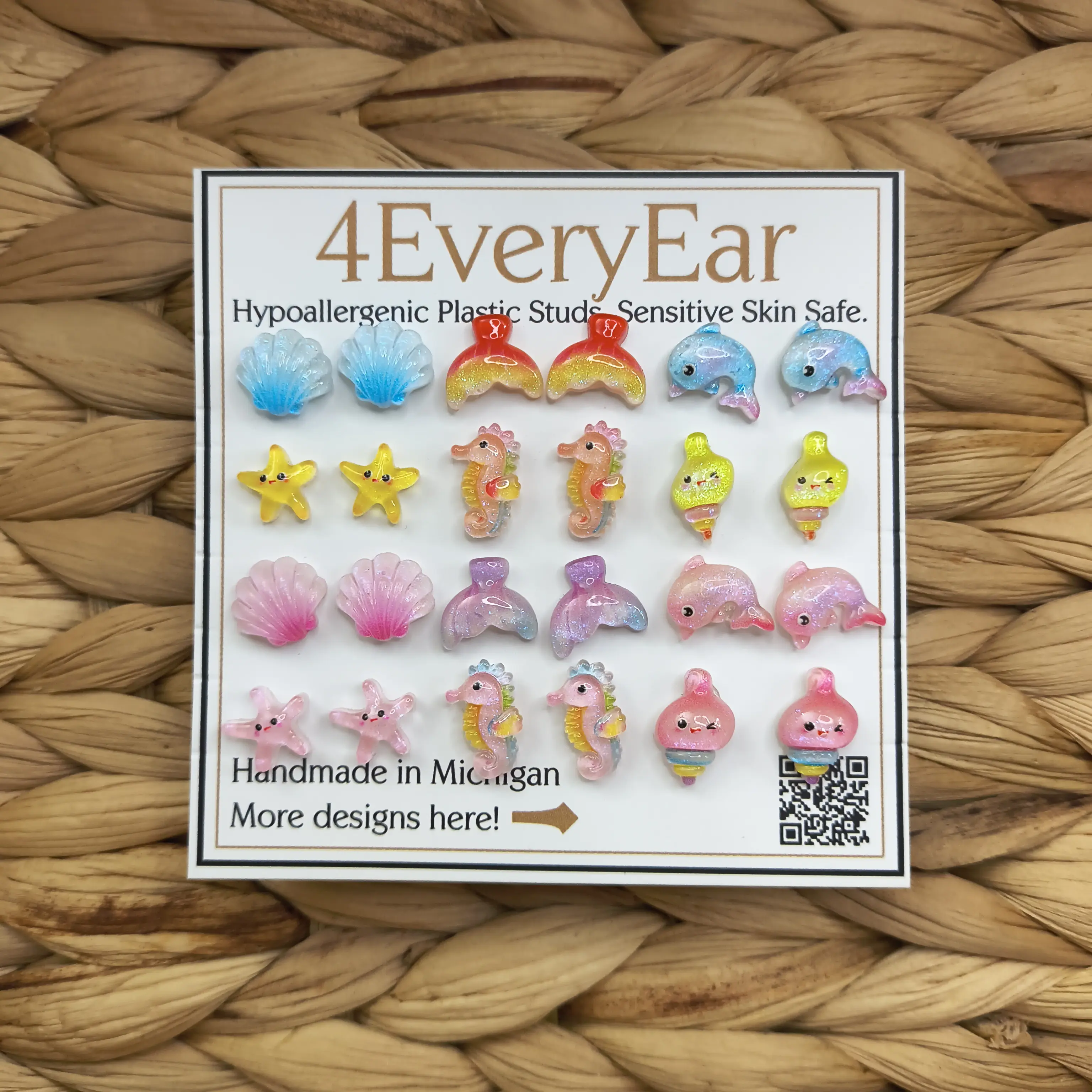 Kawaii Ocean Stud Earrings for Sensitive Ears – Hypoallergenic Plastic Posts, Mermaid Dolphin Seahorse Seashell Star, Nickel Free