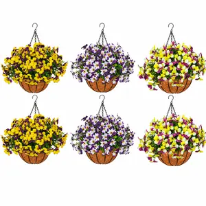 2PCS Artificial Pansy Hanging Basket Flowers for Outside, UV Resistant Faux Flowers, Ready-to-Hang Outdoor Planter Decor for Porch, Patio, Garden, Balcony, Yard
