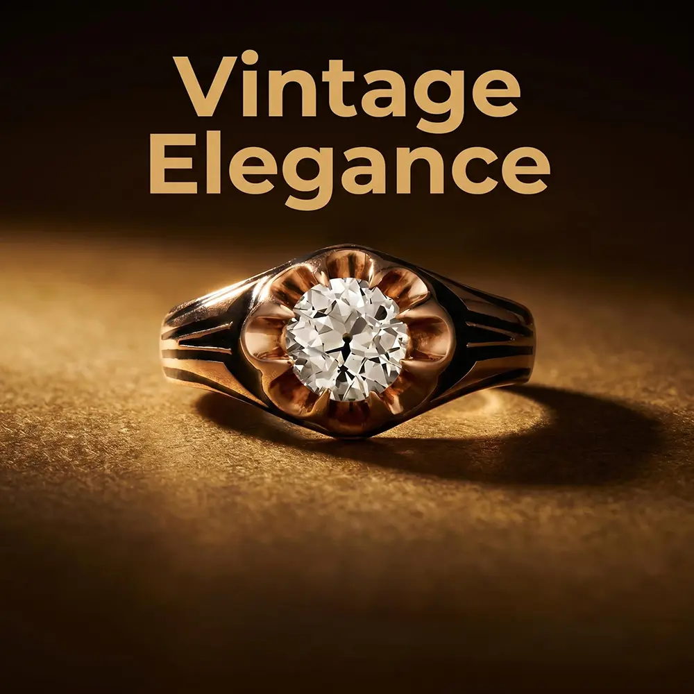 Victorian-era antique engagement ring, Art Deco-style rose gold ring, black enamel cubic zirconia statement ring, vintage-inspired unisex jewelry