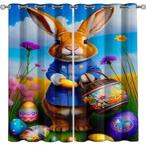 Easter Bunny Drapes Set, Vibrant Floral Egg Basket Design, Ideal for Festive Home Décor & Casual Settings, Enhance Your Space Style, Window Curtain, Window Decorations Supplies