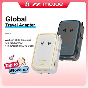 MOJUE Universal travel adapter, 4 ports, 1× 2-Pin AC, 1 USB A, 2 USB C international power adapter, suitable for global plugs in Europe/UK/Australia/Asia, a must-have for travel, applicable to over 200+ countries
