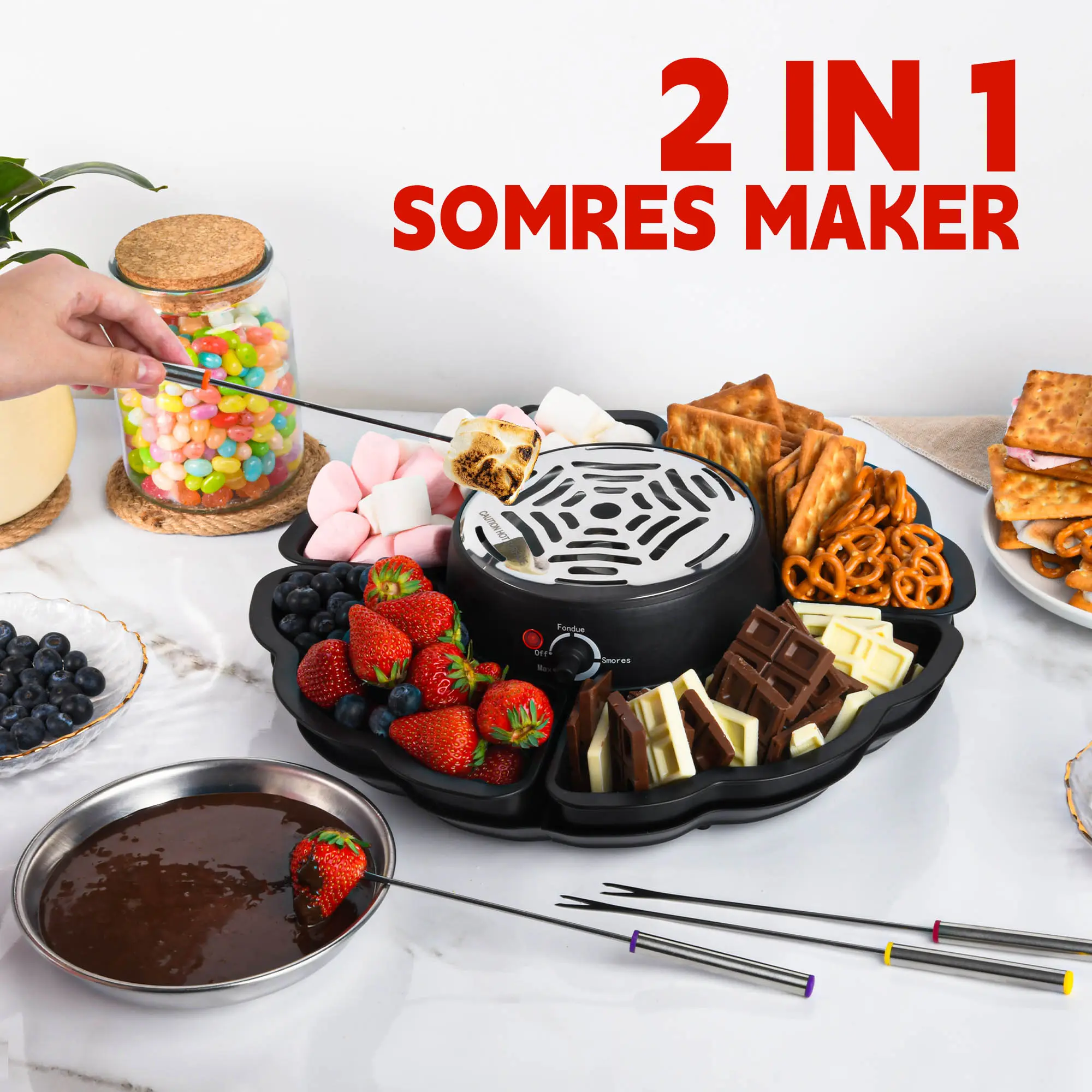 2 in 1 Electric Fondue Pot & S’mores Maker, Tabletop Indoor Smores kit with 4 Roasting Forks, 4 Detachable Trays & 1 Flameless Temperature-controlled Heater, Movie Night Supplies & Housewarming Gifts