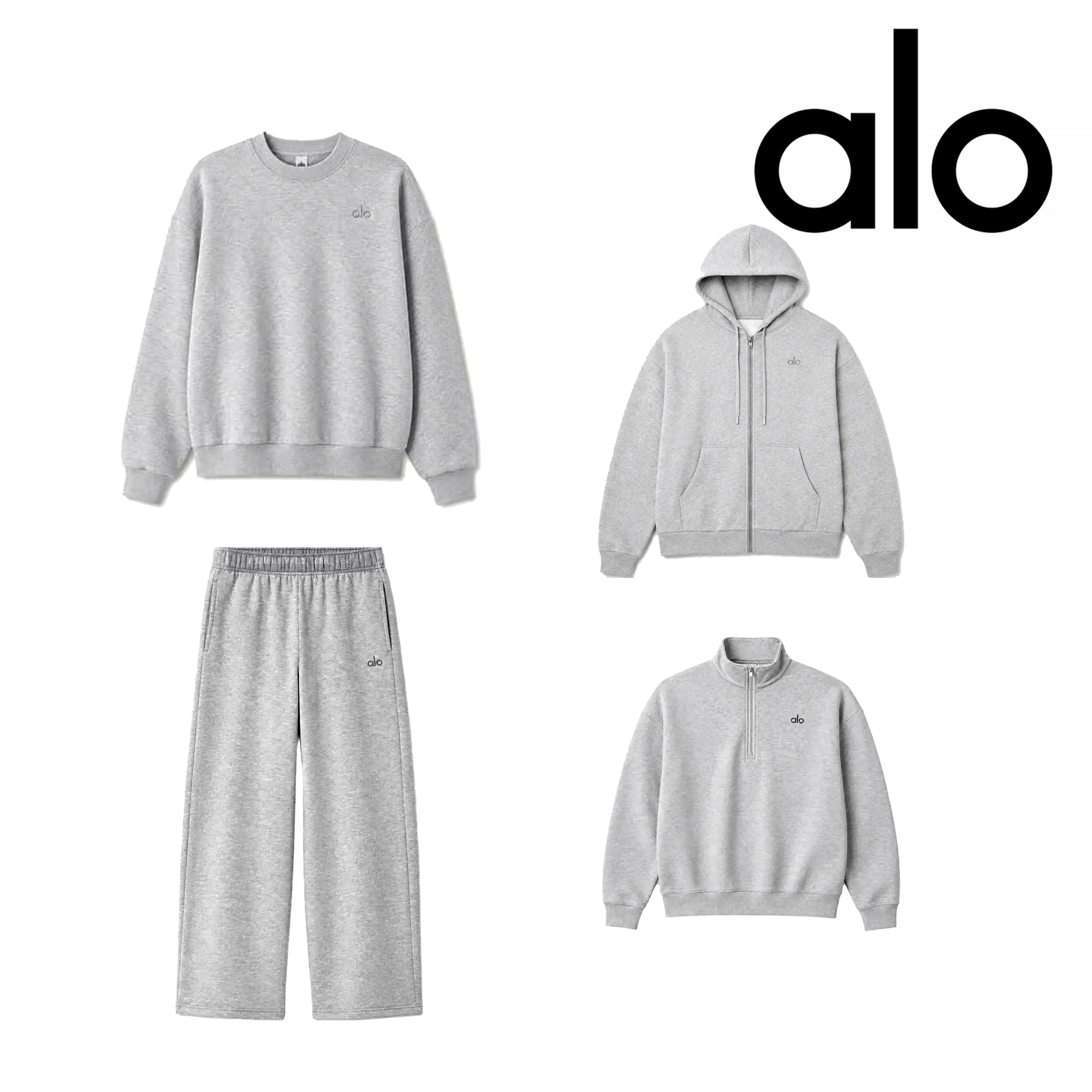 Alo Yoga Heather Grey Accolade Fleece Set Zip Hoodie Quarter Zip Crewneck Sweatpants Tracksuit Women