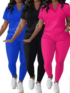 Plus Size - New Spring And Autumn Large Size Women'S Suit|Solid Color Round Neck Long Sleeve Top With Pants|For All Seasons, Indoor And Outdoor